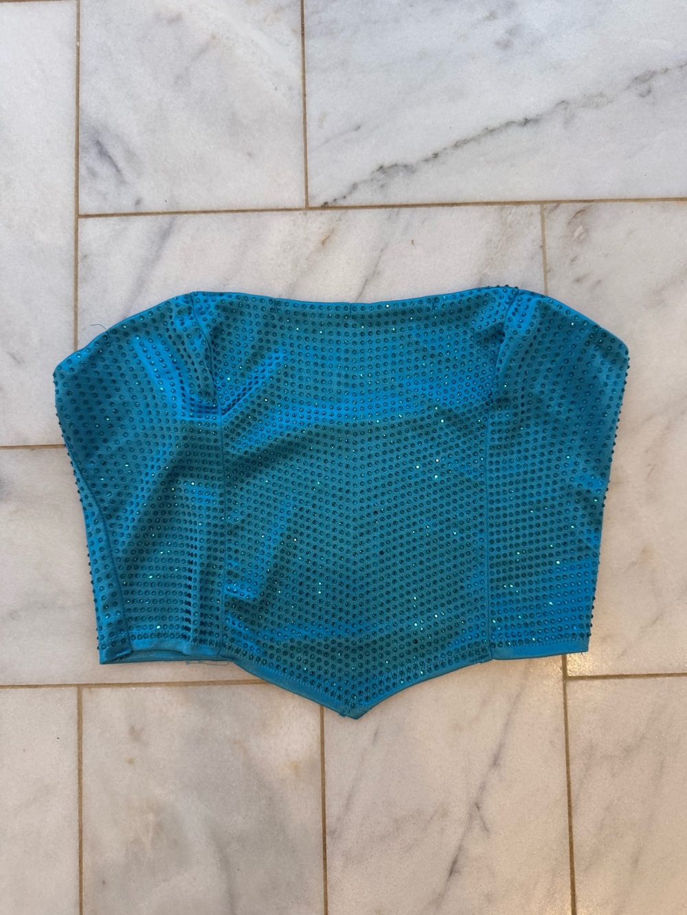 rhinestone embellished strapless crop top (turquoise)